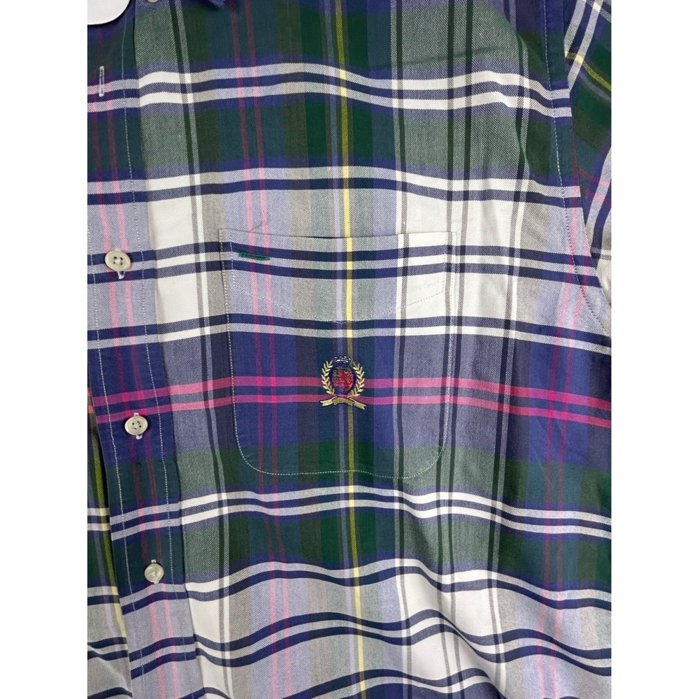 Tommy Hilfiger Mens Plaid Short Sleeve Button Down Shirt Multi Color Crest Logo - Picture 2 of 11